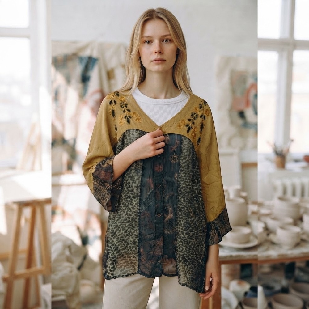 Young Threads Camel Yellow Embroidered Mixed Print Sheer Tunic Top XL TP23379 PL